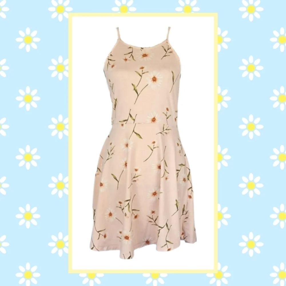 A-line Sleeveless Sundress with Daisy Floral Print, Pink, Size L (Snug Fit)